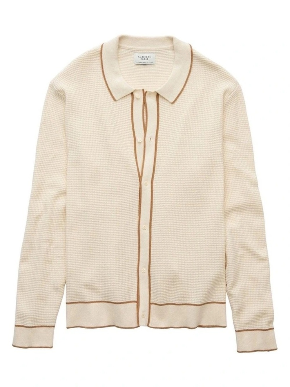 American Eagle Outfitters Cream Cardigan with Tan Trim Polo Collar
